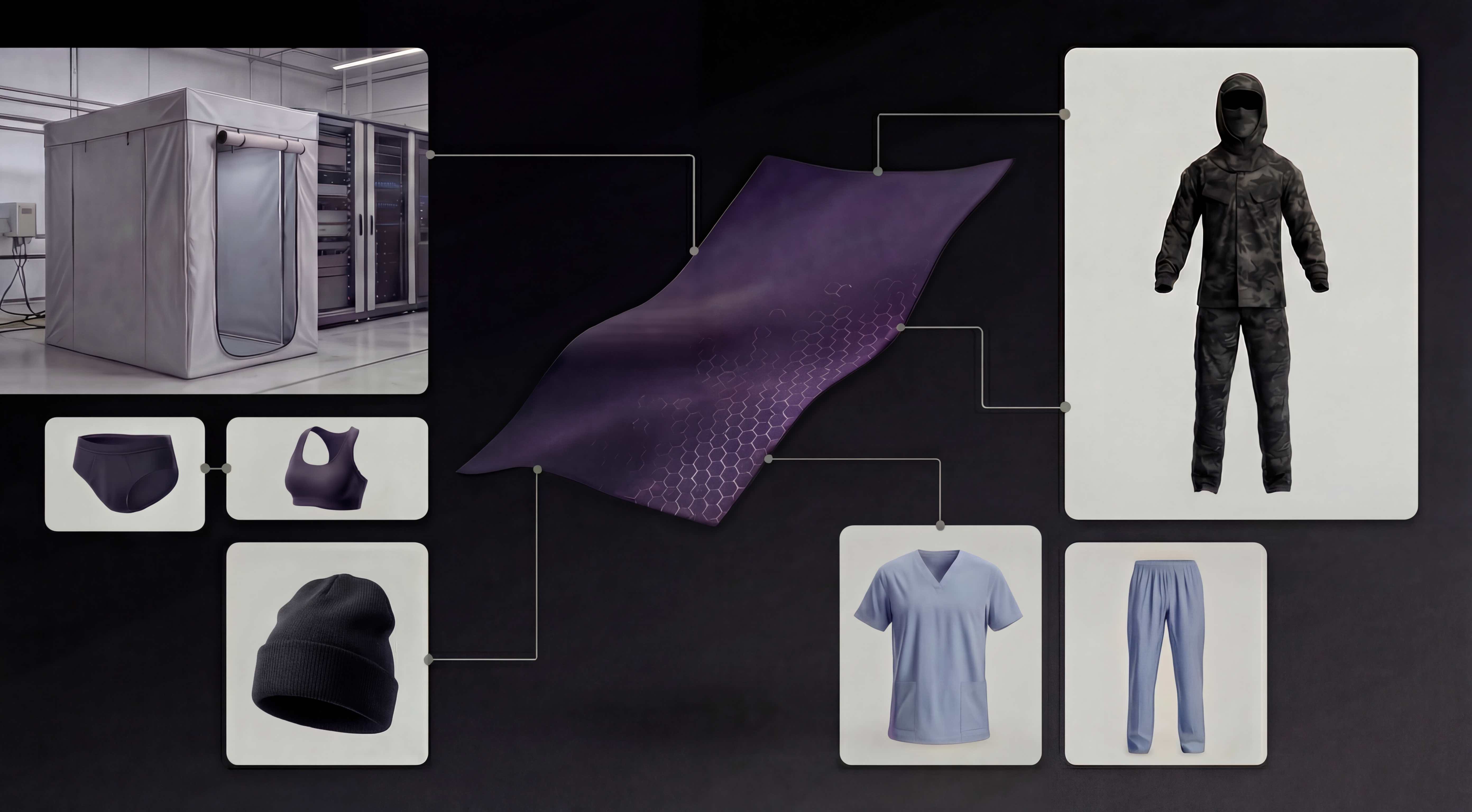 SILVEX fabric technology applications including server room shielding, athletic wear, medical scrubs, and tactical gear